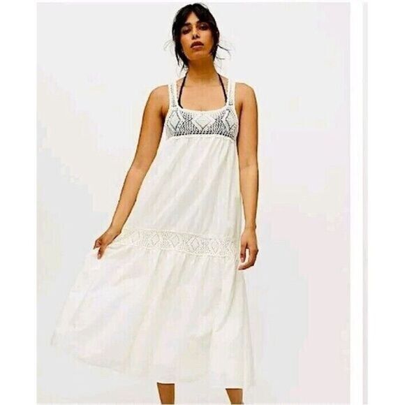 Urban Outfitters Boardwalk Crochet Maxi‎ Dress S Ivory Sleeveless Lagenlook Boho - Picture 1 of 15